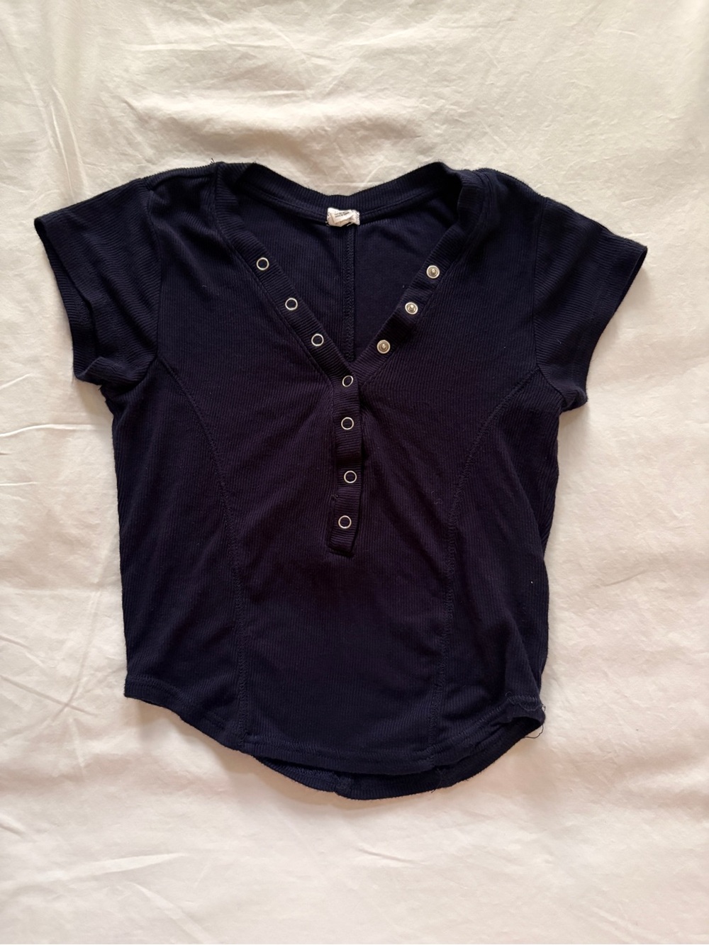 Garage Navy Short Sleeve Henley Top with Snap Details
